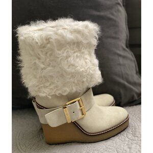 MONCLER Women's REGINE US 7 EU 38 Wedge Boots White Shearling‎ & Suede EUC